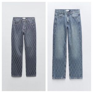 Zara Straight Leg Jeans in Medium & Dark Blue with Diamond Stitch